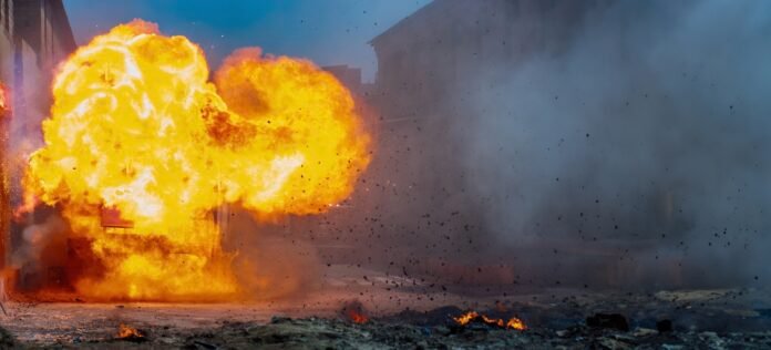 Explosion,On,The,Street,With,Fiery,Clouds.,Horizontal,Banner,With
